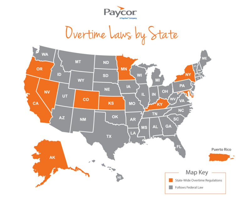 Map of the U.S. showing overtime pay laws by state