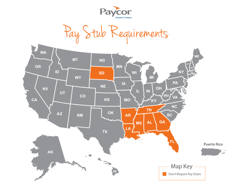 map of the U.S. pay stub requirements by state